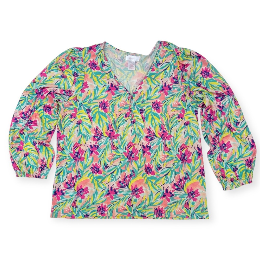 Stella Parker Floral Button Down Long Sleeve V-Neck Top Size L
